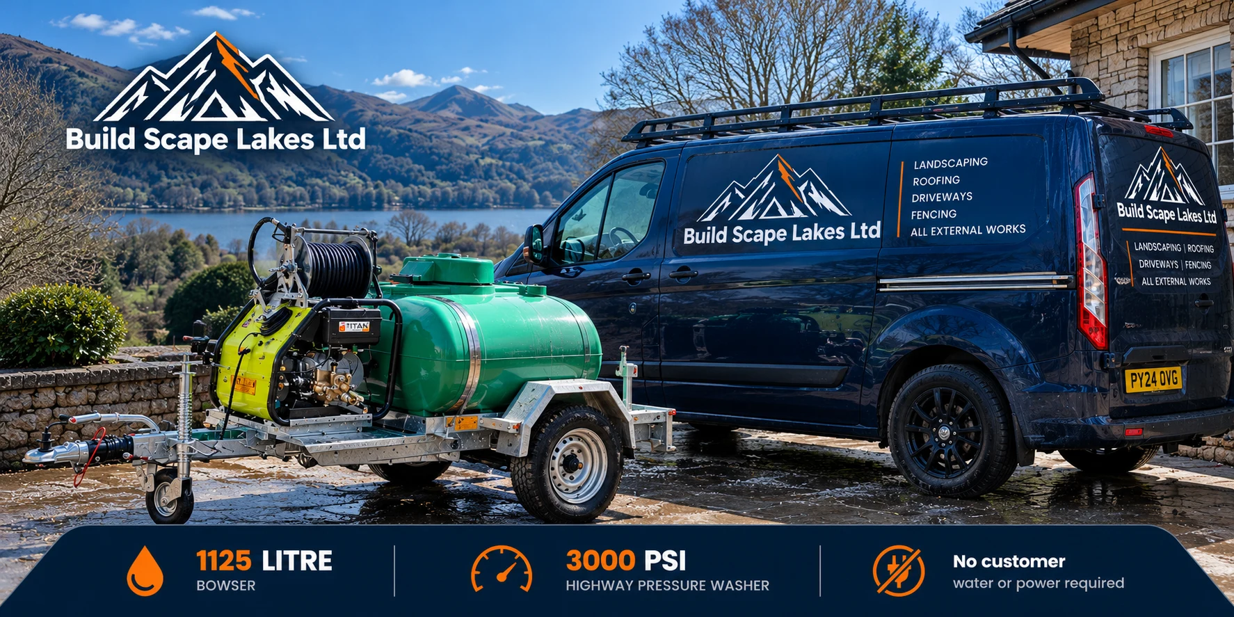 Build Scape Lakes branded van with trailer-mounted pressure washing equipment: 1125 litre bowser, 3000 PSI pressure washer, no customer water or power required