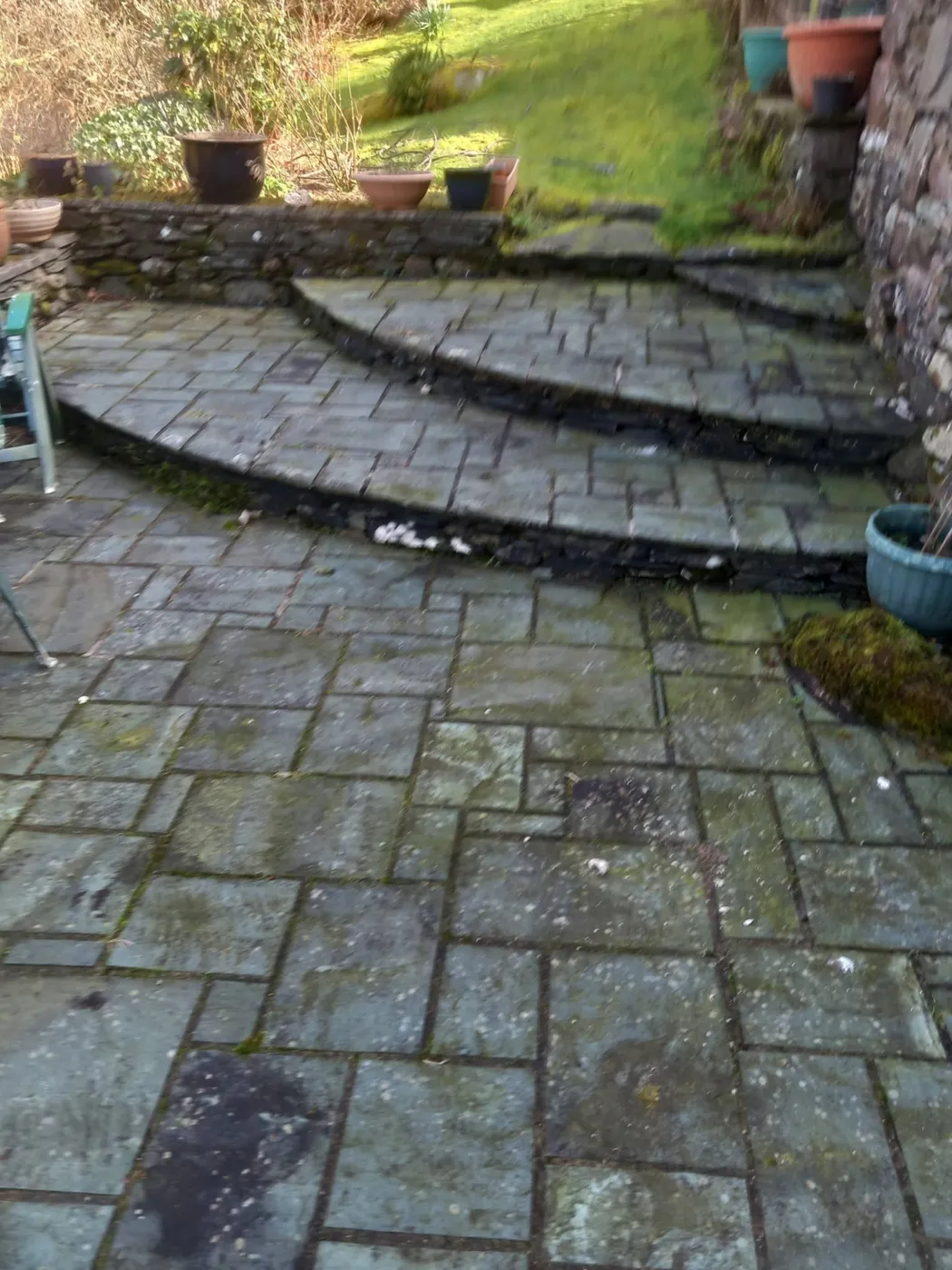 Slate patio and steps — before and after exterior cleaning — before